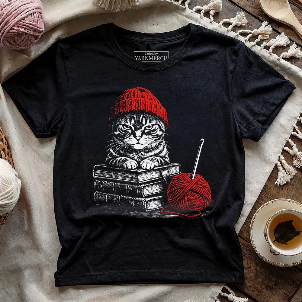 Vintage Cat, Book & Crocheting T-shirt